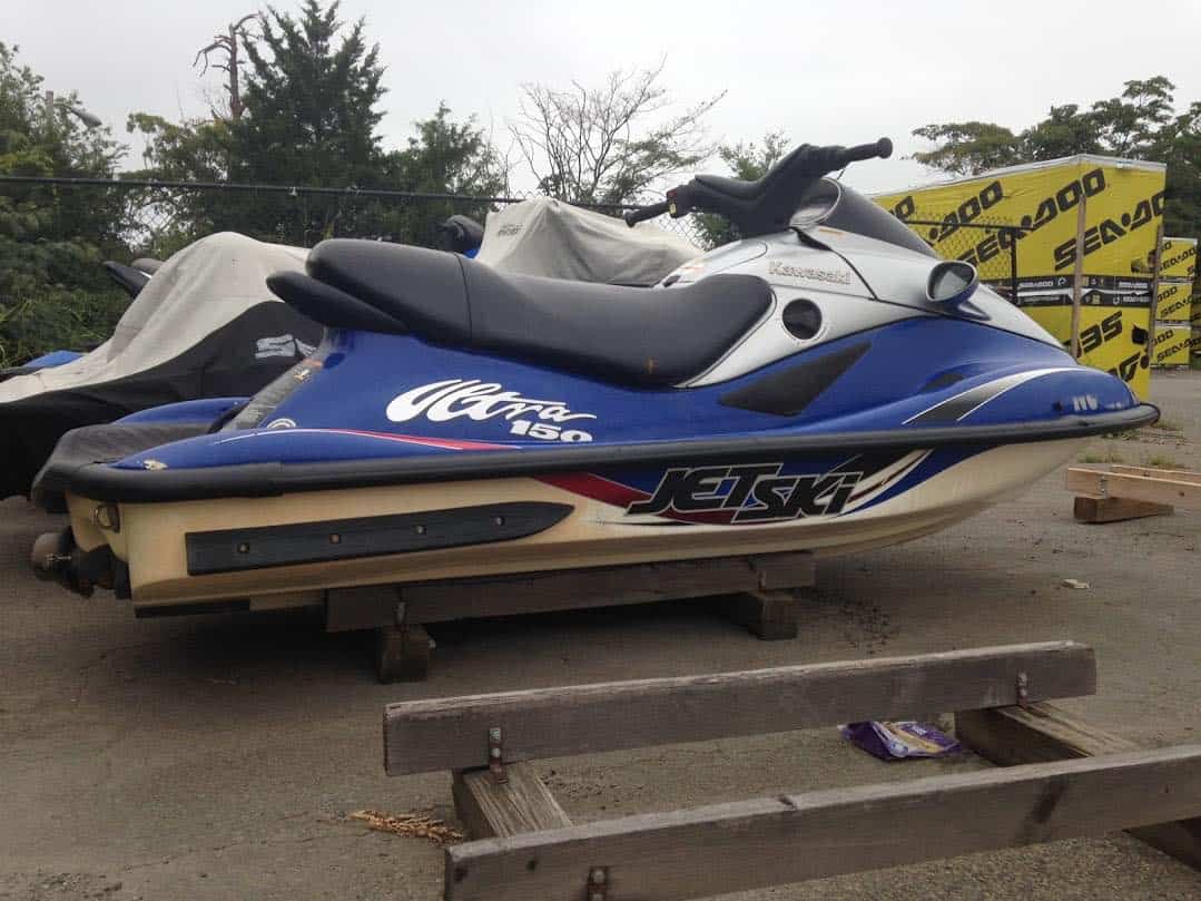 Jet ski storage on wooden stands